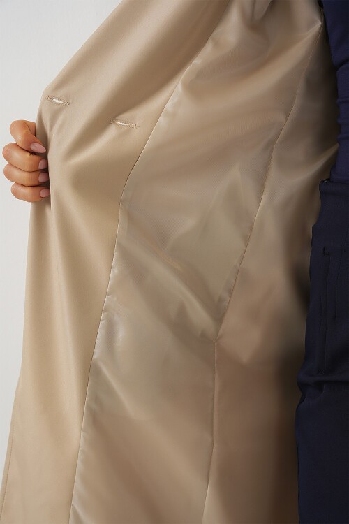 Merterium 9104 Kruvaze Yaka Astarlı Trençkot - Bej