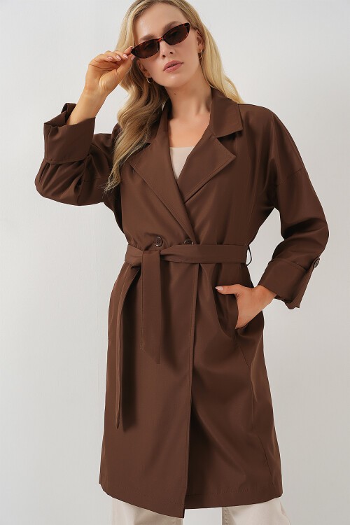 Merterium 9104 Kruvaze Yaka Astarlı Trençkot - Kahverengi