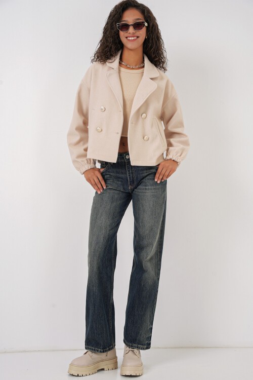 Merterium 9117 Kruvaze Yaka Crop Ceket - Bej