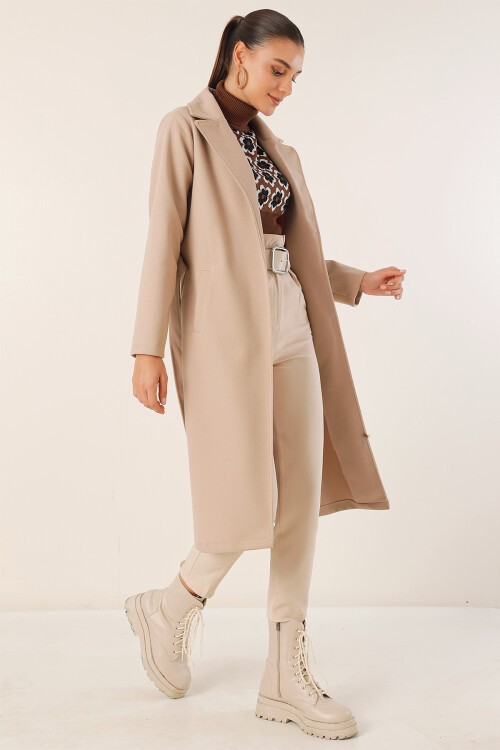 Merterium 9118 Kruvaze Yaka Kaşe Kaban - Bej