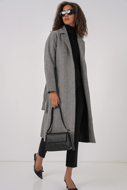 Merterium 9118 Kruvaze Yaka Kaşe Kaban - D. Siyah