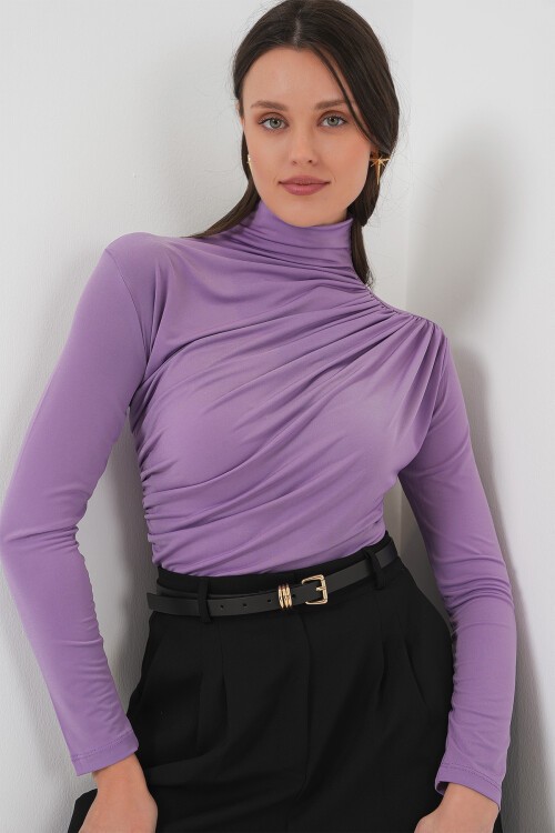 Merterium 925 Büzgü Detaylı Sandy Bluz - Lila
