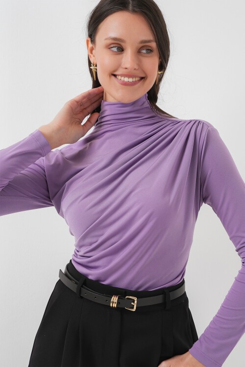 Merterium 925 Büzgü Detaylı Sandy Bluz - Lila
