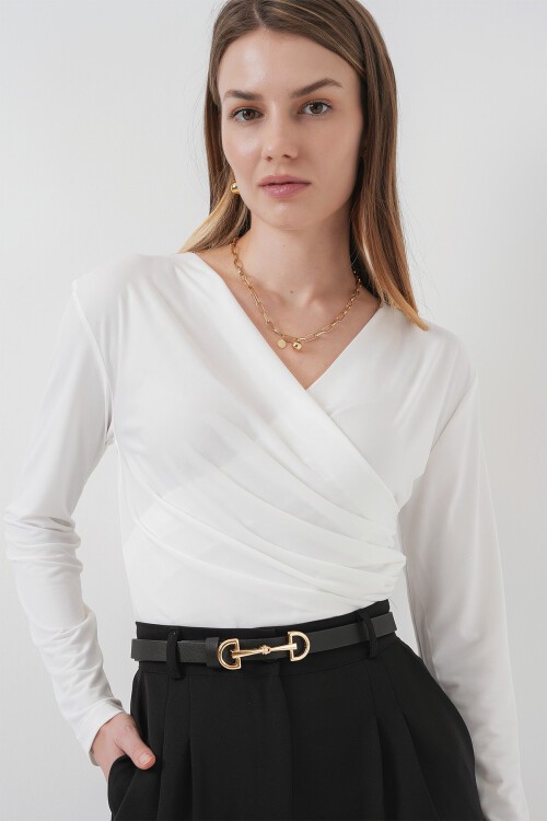 Merterium 939 Anvelop Yaka Sandy Bluz - Beyaz