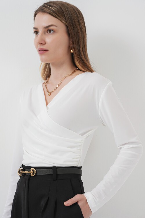Merterium 939 Anvelop Yaka Sandy Bluz - Beyaz