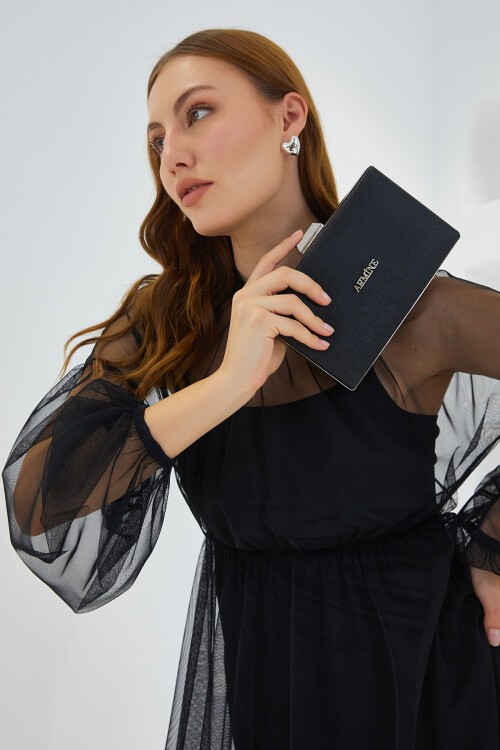 Merterium Armine Kadın Parlak Siyah Abiye Clutch Çanta 010155