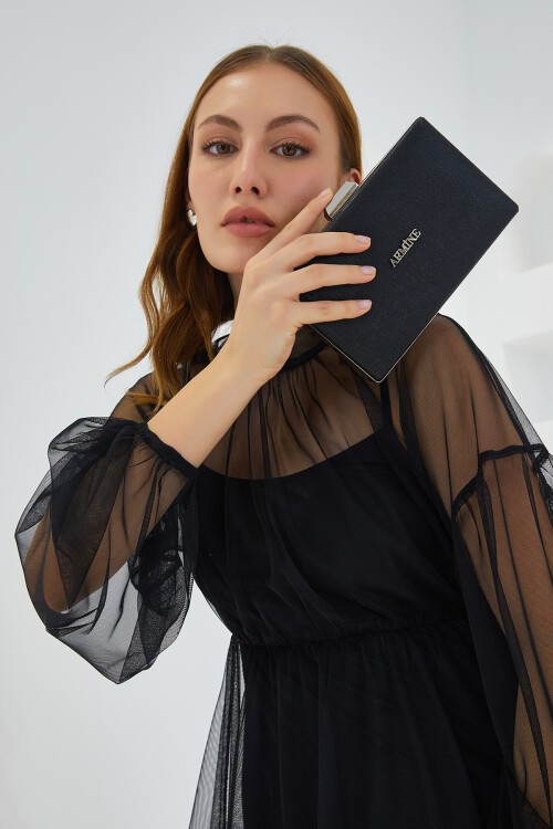 Merterium Armine Kadın Parlak Siyah Abiye Clutch Çanta 010155