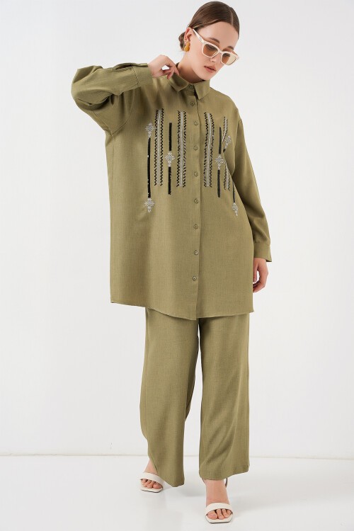 Merterium Desenli Tunik Pantolon İkili Takım 6720 - Çağla