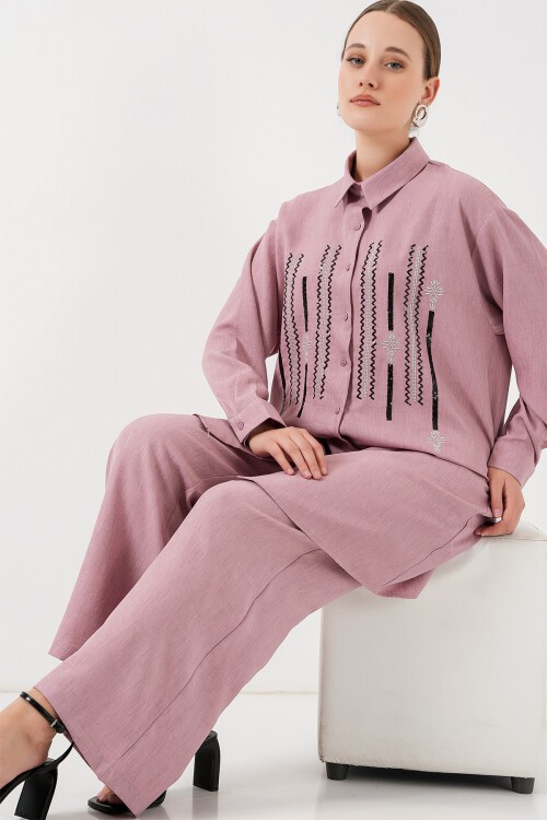 Merterium Desenli Tunik Pantolon İkili Takım 6720 - Gül Kurusu