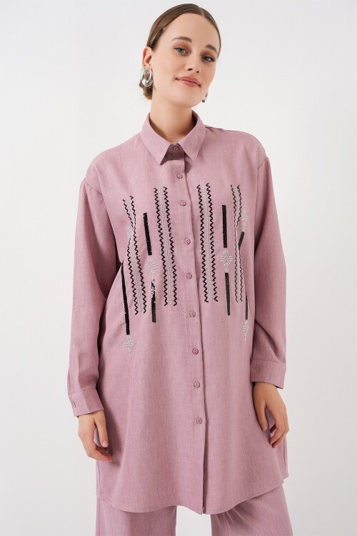 Merterium Desenli Tunik Pantolon İkili Takım 6720 - Gül Kurusu