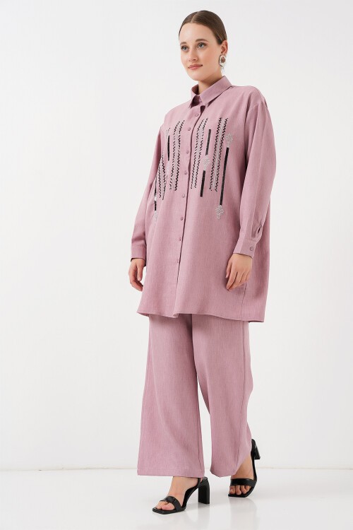 Merterium Desenli Tunik Pantolon İkili Takım 6720 - Gül Kurusu