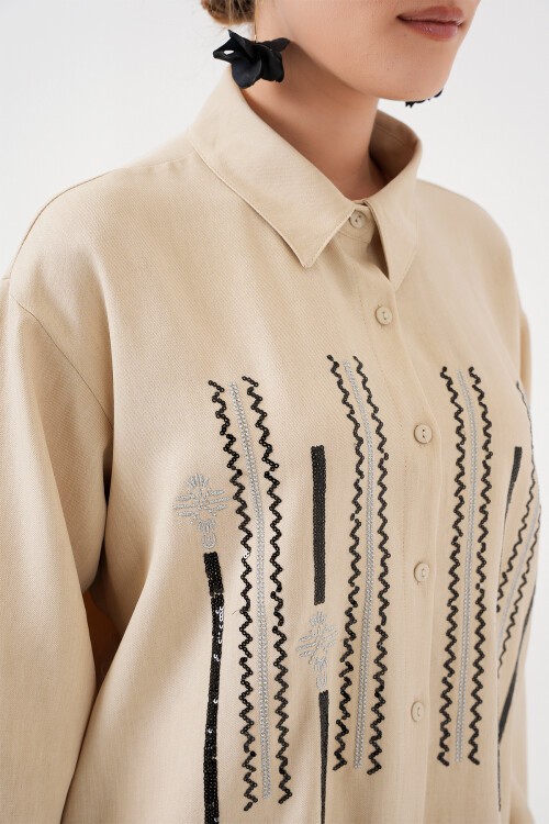 Merterium Desenli Tunik Pantolon İkili Takım 6720 - Krem