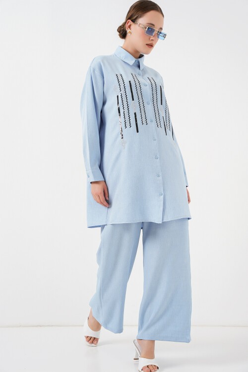 Merterium Desenli Tunik Pantolon İkili Takım 6720 - Mavi