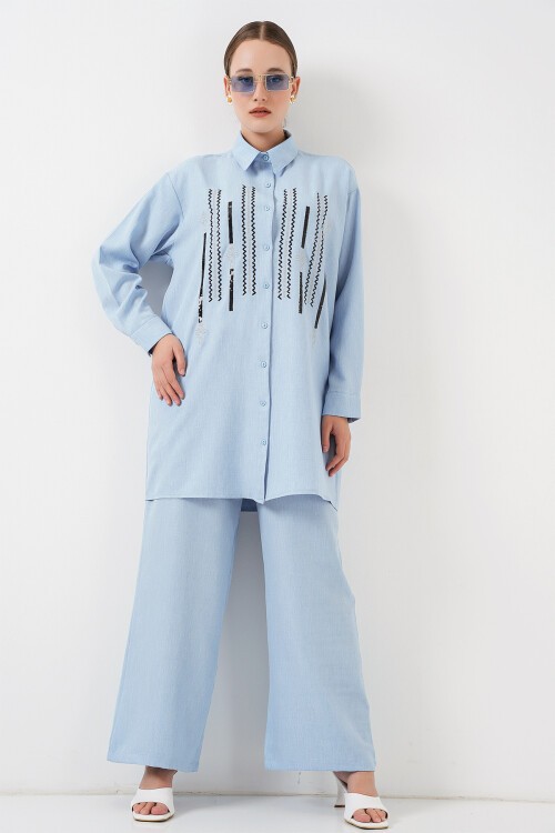Merterium Desenli Tunik Pantolon İkili Takım 6720 - Mavi