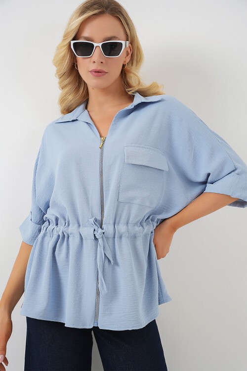 Merterium Fermuarlı Kadın Gömlek 0721 - Mavi