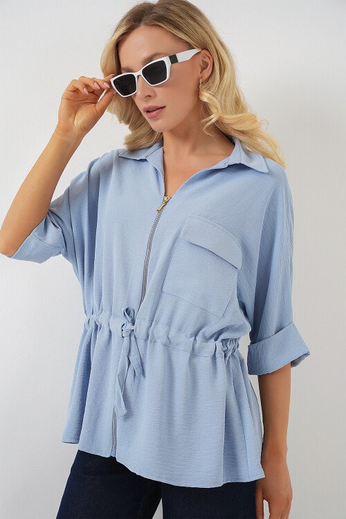 Merterium Fermuarlı Kadın Gömlek 0721 - Mavi