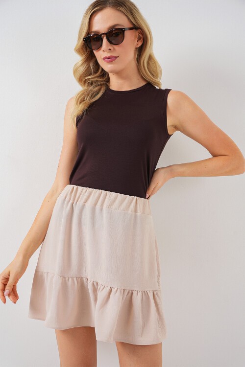 Merterium Kadın Ayrobin Mini Etek 8054 - Krem