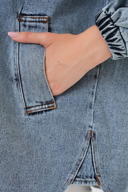 Merterium Kadın Balon Kol Oversize Kot Ceket - Mavi