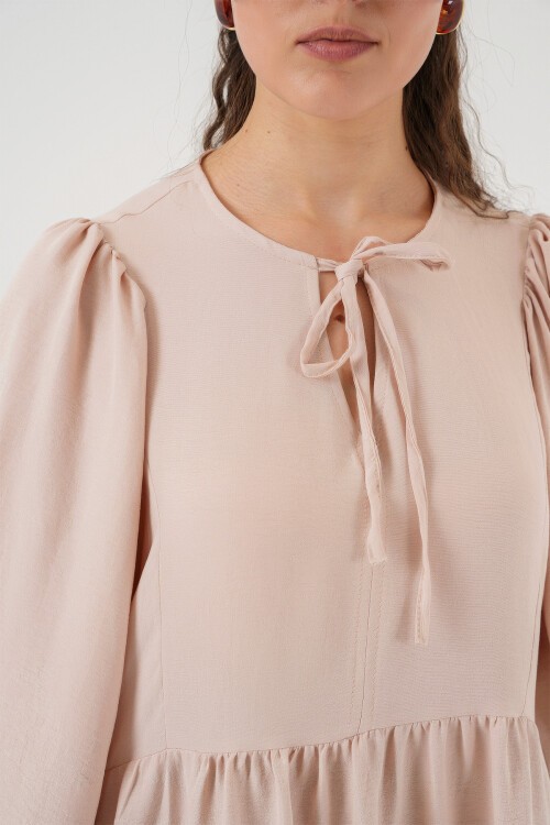 Merterium Kadın Balon Kol Uzun Tesettür Elbise 2464 - Bej