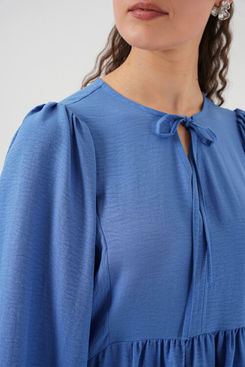 Merterium Kadın Balon Kol Uzun Tesettür Elbise 2464 - İndigo