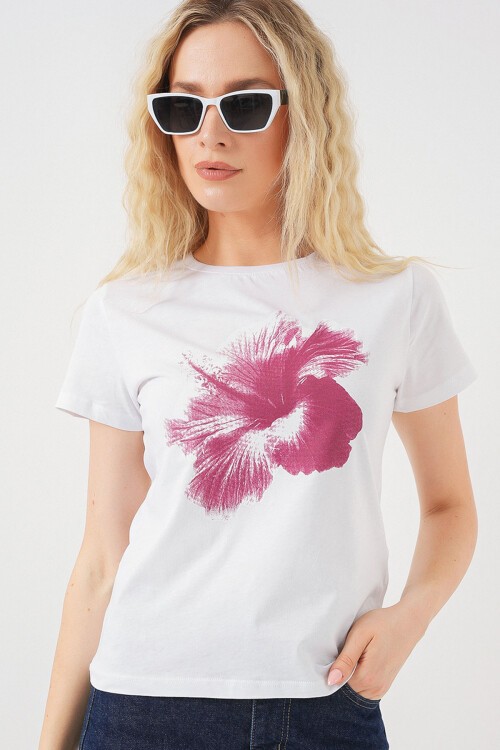 Kadın Baskılı Basic Tişört 4349 - Mürdüm