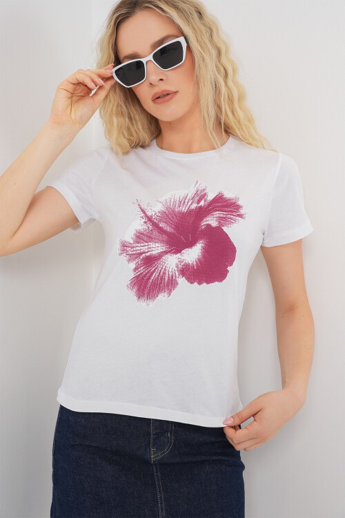 Kadın Baskılı Basic Tişört 4349 - Mürdüm