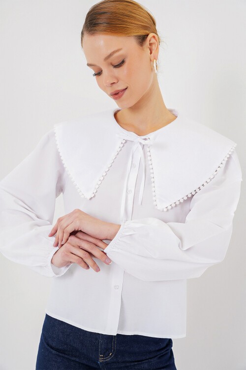 Merterium Kadın Bebe Yaka Gömlek 20314 - Beyaz