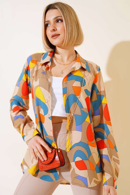 Merterium Kadın Bej Sarı Grafik Desenli Viskon Gömlek 3721