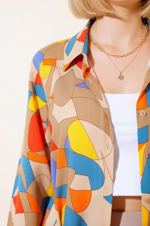 Merterium Kadın Bej Sarı Grafik Desenli Viskon Gömlek 3721