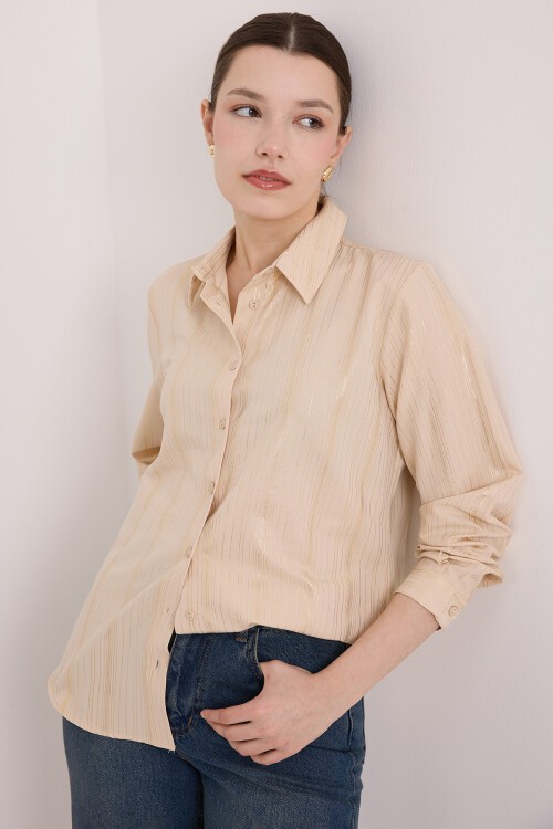 Merterium Kadın Bej Varak Desenli Gömlek 20253