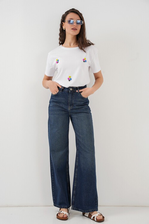 Merterium Kadın Bol Paça Yüksek Bel Palazzo Kot Pantolon 6656 - B.Lacivert