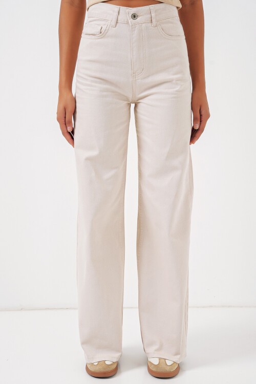 Merterium Kadın Bol Paça Yüksek Bel Palazzo Kot Pantolon 6656 - Ekru