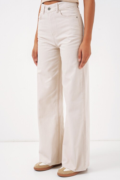 Merterium Kadın Bol Paça Yüksek Bel Palazzo Kot Pantolon 6656 - Ekru