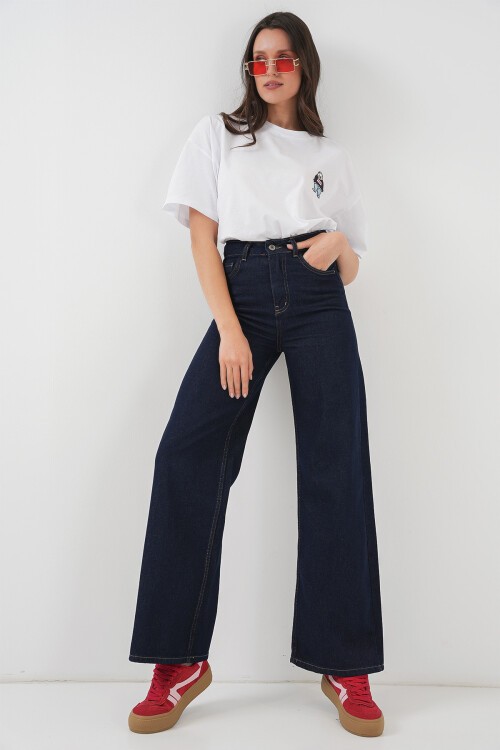 Merterium Kadın Bol Paça Yüksek Bel Palazzo Kot Pantolon 6656 - K. Lacivert