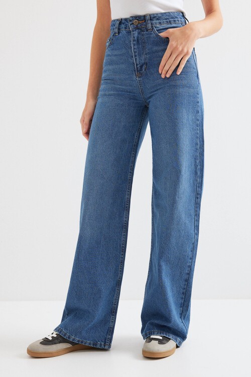 Merterium Kadın Bol Paça Yüksek Bel Palazzo Kot Pantolon 6656 - Lacivert