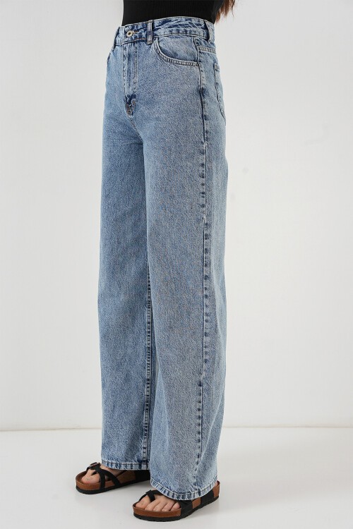 Merterium Kadın Bol Paça Yüksek Bel Palazzo Kot Pantolon 6656 - Mavi