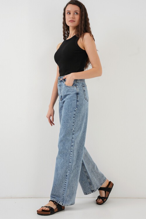 Merterium Kadın Bol Paça Yüksek Bel Palazzo Kot Pantolon 6656 - Mavi