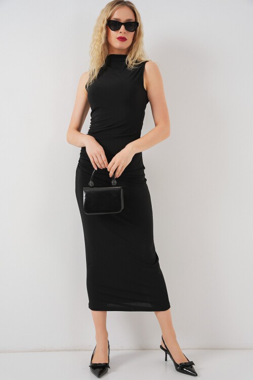 Kadın Büzgülü Sıfır Kol Drapeli Elbise 2579 - Siyah