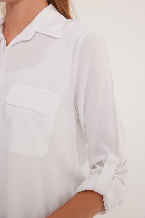 Merterium Kadın Cep Detaylı Gömlek 20234 - Beyaz
