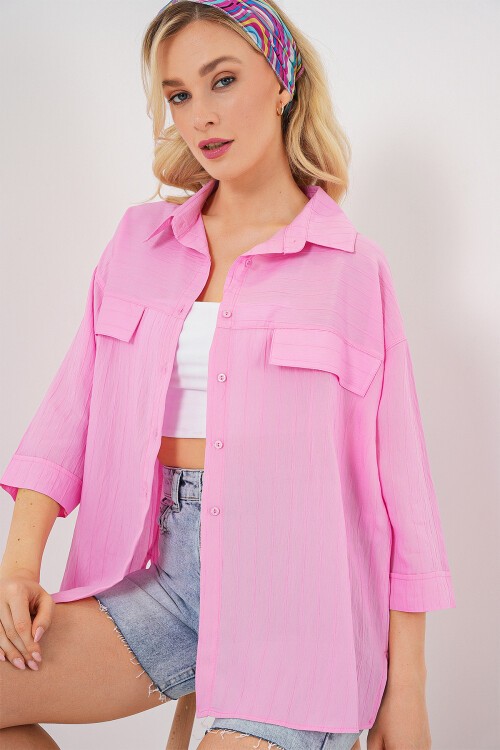 Merterium Kadın Cep Detaylı Kısa Kol Gömlek 20317 - Pembe
