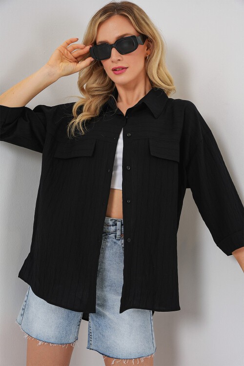 Merterium Kadın Cep Detaylı Kısa Kol Gömlek 20317 - Siyah