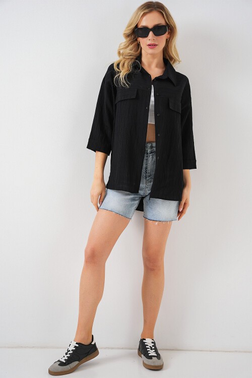 Merterium Kadın Cep Detaylı Kısa Kol Gömlek 20317 - Siyah