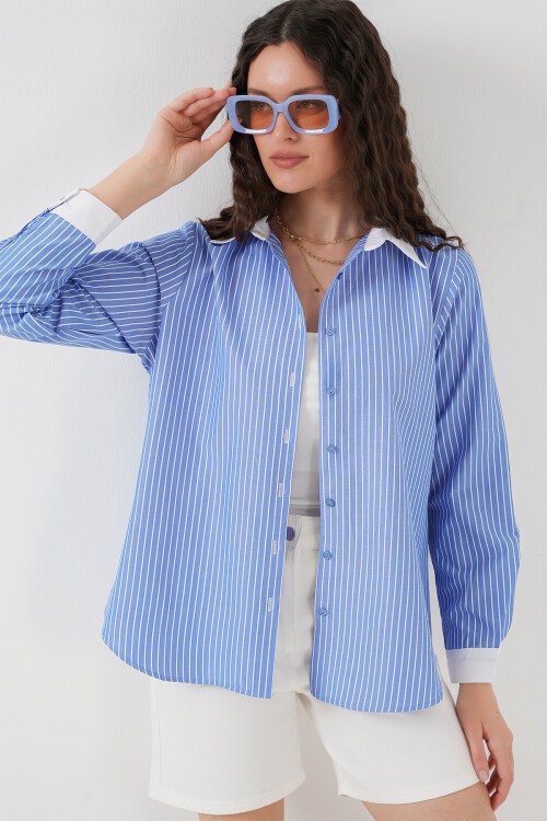 Merterium Kadın Çizgili Gömlek 20288 - Mavi