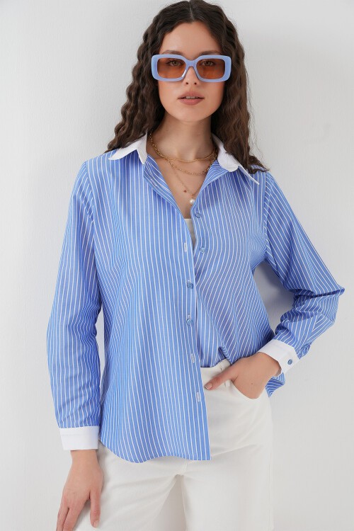 Merterium Kadın Çizgili Gömlek 20288 - Mavi