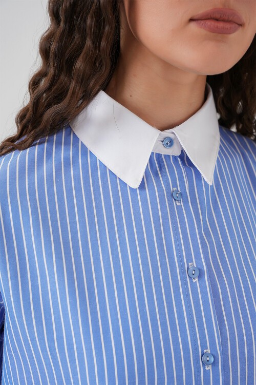 Merterium Kadın Çizgili Gömlek 20288 - Mavi