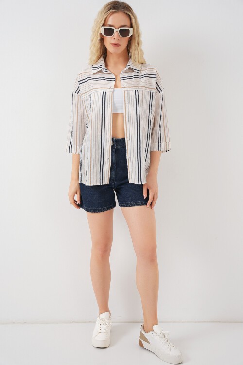 Kadın Çizgili Kısa Kol Gömlek 20344 - Bej