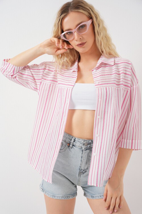 Kadın Çizgili Kısa Kol Gömlek 20344 - Pudra