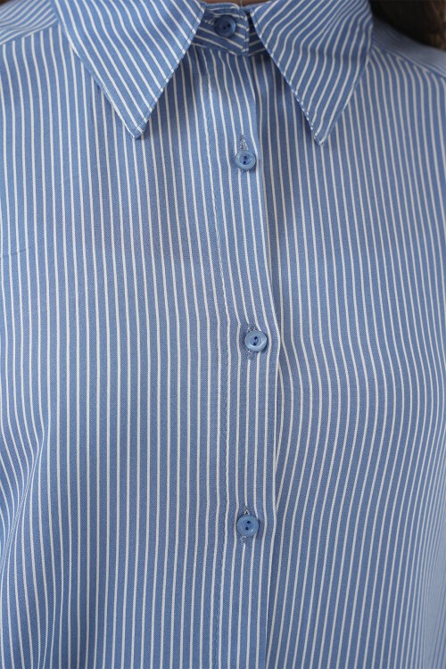 Merterium Kadın Çizgili Oversize Gömlek 20295 - İndigo