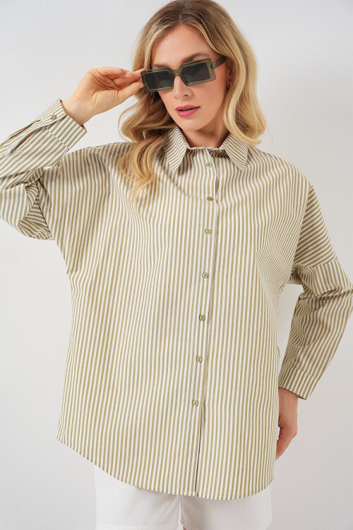 Merterium Kadın Çizgili Oversize Gömlek 20332 - Çağla