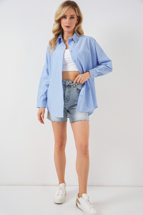 Merterium Kadın Çizgili Oversize Gömlek 20332 - Mavi